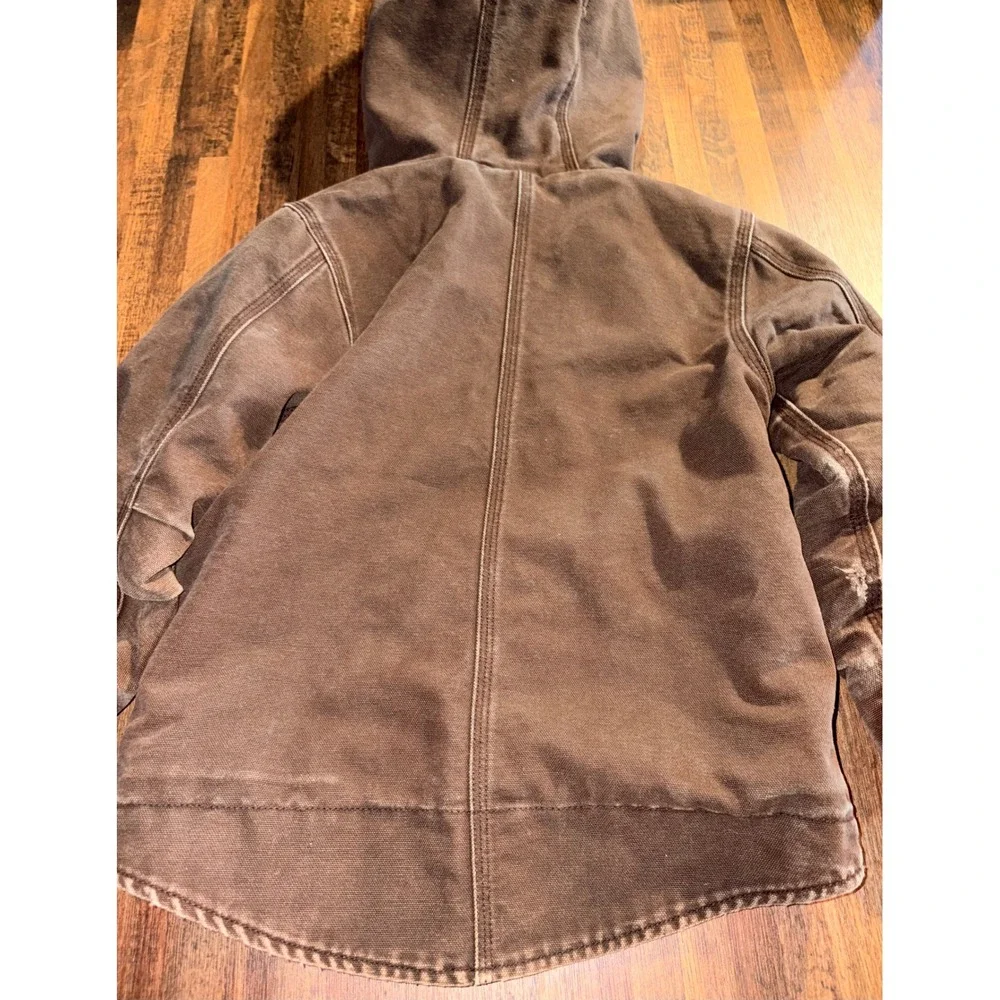 Carhartt Kids Brown Duck Canvas Sherpa Lined Hooded Jacket Size 5 Distressed‎
